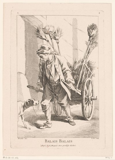 Utcai árus seprűvel Balais Balais (cím a tárgyon) Cris de Paris (sorozat címe) Párizsi utcai árusok (sorozat címe) alkotó: Jacques Philippe Le Bas