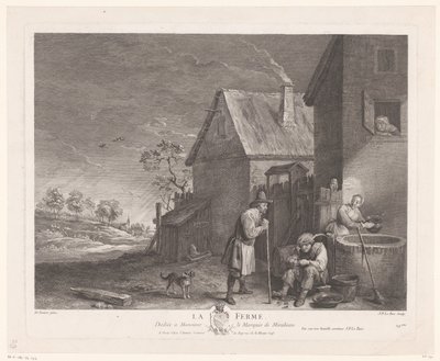 Két férfi és egy nő a kút előtt egy farmon La Ferme (cím a tárgyon) alkotó: Jacques Philippe Le Bas
