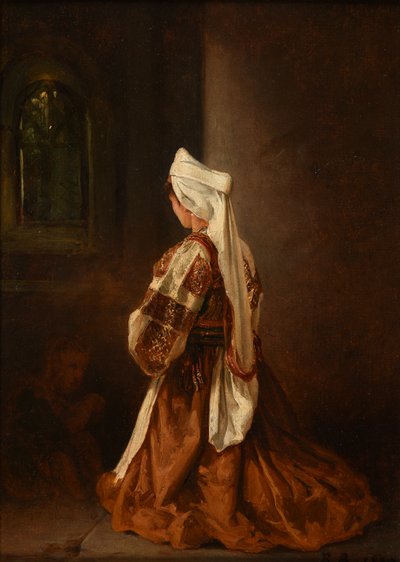 Fiatal római nő imádkozik egy templomban alkotó: Jacques Raymond Brascassat