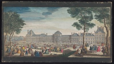 Kilátás a párizsi Palais des Tuileries-ra a Tuileriák kertjéből Les promenades du Palais Thuilleries (cím a tárgyon) alkotó: Jacques Rigaud