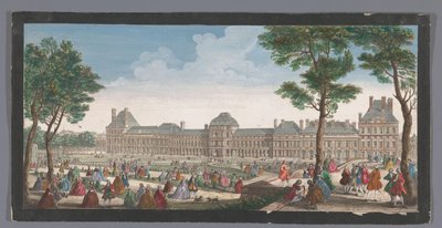 Kilátás a párizsi Palais des Tuileries-ra a Tuileriák kertjéből Les promenades du Palais Thuilleries (cím a tárgyon) alkotó: Jacques Rigaud
