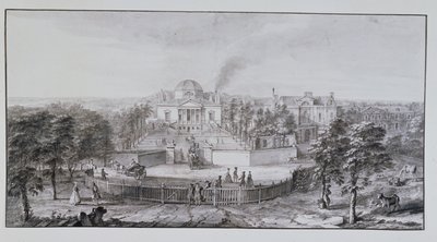 Lord Burlington Chiswick villája délkeletről (toll és tinta mosással papíron) alkotó: Jacques Rigaud