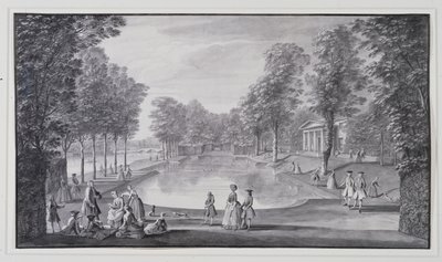 Folyóparti medence, Lord Burlington Chiswick Villa (toll és tinta mosással papíron) alkotó: Jacques Rigaud