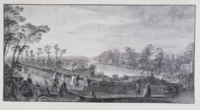 A mesterséges folyó, Lord Burlington Chiswick Villa (toll és tinta mosással papíron) alkotó: Jacques Rigaud