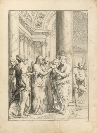 A Szűz házassága, 1640 körül (toll és fekete tinta, ecsettel és szürke és halványbarna mosással és grafittal, darabolt krémes papíron) alkotó: Jacques Stella