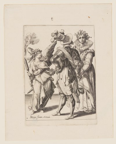 Egy bekötött szemű Ámor, aki fáklyát tart egy pár előtt, a The Masquerades című filmből. alkotó: Jacques de Gheyn II