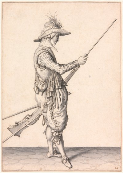 Egy katona tölt egy muskétát, "Ramme in Your Pouder" alkotó: Jacques de Gheyn II