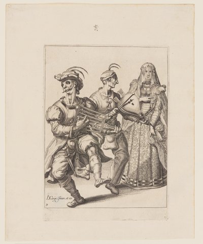 Egy fátyolos nő két zenésszel, akik rácson és fúvószéken játszanak, az Álarcosok című filmből. alkotó: Jacques de Gheyn II