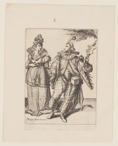 Egy nő, akit egy fáklyát tartó játékos vezet, az Álarcosbálból alkotó: Jacques de Gheyn II