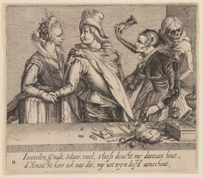 Egy fiatal férfi egy fiatal nő és egy öreg nő között, az Egyenlőtlen szeretőkből alkotó: Jacques de Gheyn II