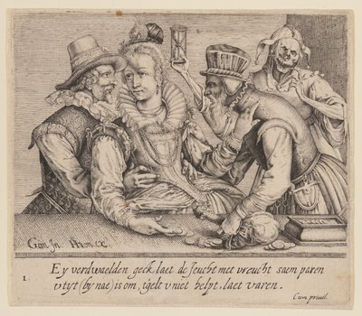Egy fiatal nő egy fiatal férfi és egy öreg férfi között, az Egyenlőtlen szeretőkből alkotó: Jacques de Gheyn II