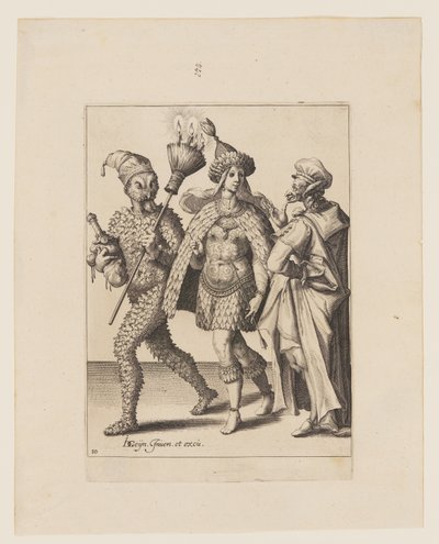 Egy öreg jászol egy levelekbe és madártollakba öltözött párhoz szól, az Álarcosbálból alkotó: Jacques de Gheyn II