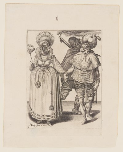 Turbános férfi pávatollat viselő nőt vezet, mögöttük fáklyavivő, az Álarcosbálból alkotó: Jacques de Gheyn II