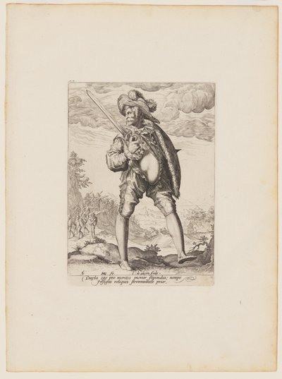 Katona, karddal és pajzzsal felfegyverkezve, II. Rudolf császár testőrségének tisztjei és katonái közül alkotó: Jacques de Gheyn II