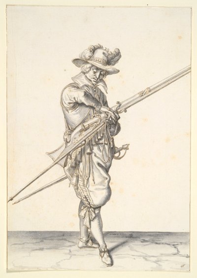 Katona muskéta tüzelésére készül alkotó: Jacques de Gheyn II