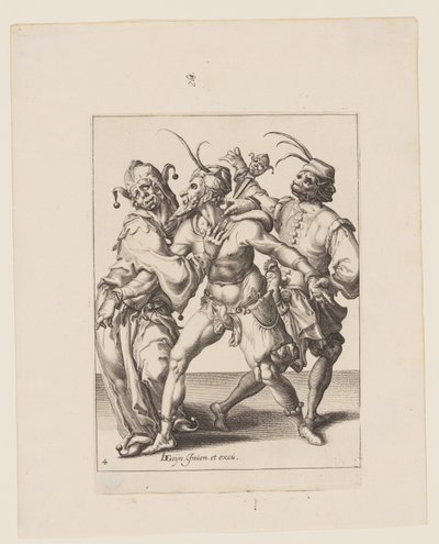 Három táncoló mumper, köztük egy bolond, az Álarcosbálból alkotó: Jacques de Gheyn II