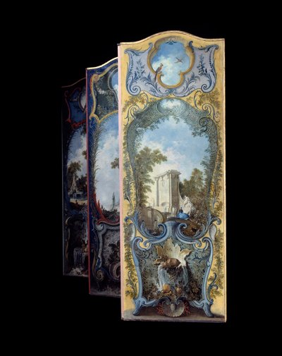 Bútorok: Jacques de Lajoue (1686-1761) maroufle papírra festett képernyője XVIII. alkotó: Jacques de Lajoüe