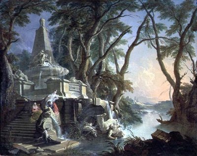 A piramis szökőkút összetört Neptunusz szoborral, vagy Táj: A folyó (olaj, vászon) alkotó: Jacques de Lajoüe