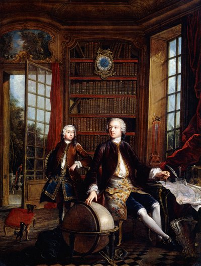 A művész fiának portréja tanárával, akiről azt mondják, hogy fiatalabb Jean Baptiste de Courtonne művész, egy könyvtárban, alkotó: Jacques de Lajoüe