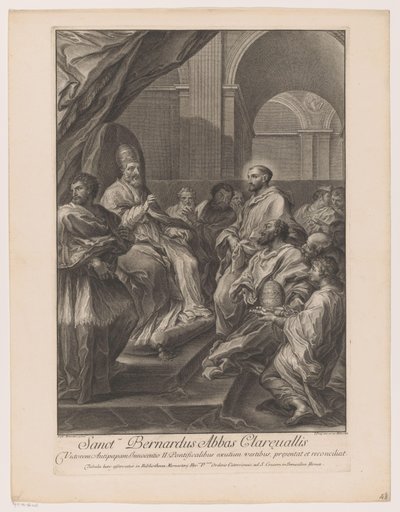 Heilige Bernardus van Clairvaux voor paus Innocent II Sanctus Bernardus Clareualis apátja (cím a tárgyon) alkotó: Jakob Frey (I)