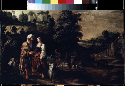 Jákob találkozik Ráhellel a kútnál (Jákób találkozik Ráhellel a kútnál). Jacobus (Jacques) Wabbe vagy Waben festménye (aktív 1602-1634 között). Olaj, fa, 38 x 62,5 cm alkotó: Jakob Wabbe