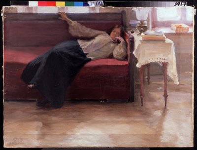 ""Álmok"" töprengő fiatal lány feküdt a kanapén. Jakov Kalinichenko (1869-1938) festménye 1904 Állami Regionális I. Pozhalostin Művészeti Múzeum, Ryasan alkotó: Jakoff Jakovlevitch Kalinitchenko