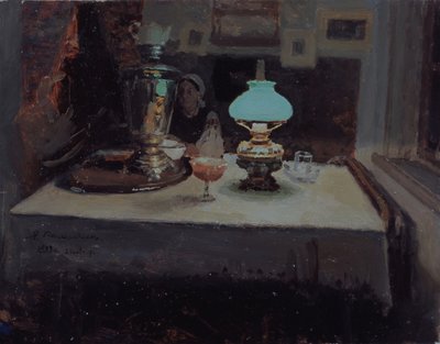 A szamovárnál, 1899 alkotó: Jakov Jakovlevich Kalinichenko