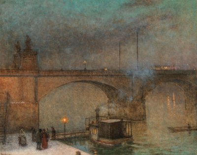 Prága, gőzhajó a Moldván a Palacky-híd előtt, kb. 1910-1915. alkotó: Jakub Schikaneder