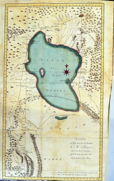 A Tzana-tó vagy Dembea-tó környékének térképe (M. Bruce útvonalai a Nílus forrásainak elérésére tett két kísérletében) - in: "Journey to Nubia and Abyssinia undertaken to discover the sources of the Nile during the years 1768 to 1772", by James Bruce, vo alkotó: James Bruce