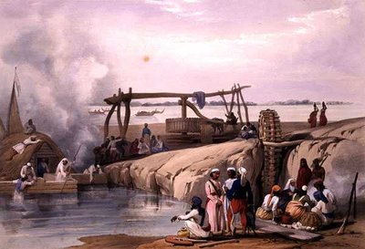 Jelenet a Sutlej folyón, Pandzsábban, a "Vázlatok Afganisztánban" című művéből, Charles Haghe (1810-88) és Louis Haghe (1806-85) metszete Henry Graves kiadásában alkotó: James (after) Atkinson