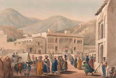 „The Durbar-Khaneh of Shah Shoojah-ool-Moolk, at Cabaul [sic]”, 1840 körül (litográfia, színezett) alkotó: James (after) Atkinson