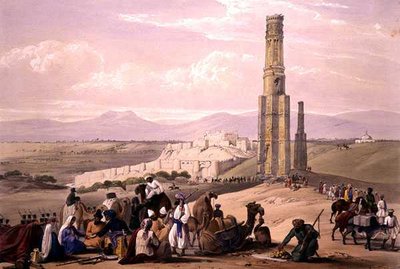 Ghunzee erődje és citadellája és a két minar, a Charles Haghe (1810-88) és Louis Haghe (1806-85) által metszett, Henry Graves által kiadott "Vázlatok Afghaunisztánból". alkotó: James (after) Atkinson