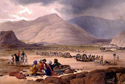 Urghundee faluja a "Vázlatok Afganisztánban" című művéből, Charles Haghe (1810-88) és Louis Haghe (1806-85) metszete Henry Graves kiadásában alkotó: James (after) Atkinson