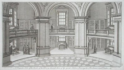 Belső nézet a "Radcliffe Library tervei, metszetei és domborzatai" című könyvből, Pierre Fourdrinier (megh. 1758) metszetében, 1747-ben megjelent (metszet) alkotó: James (after) Gibbs