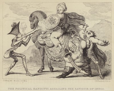 A politikai banditti megtámadja India Megváltóját: Warren Hastingst, Bengália volt kormányzóját Edmund Burke, Charles James Fox és Lord North politikusok támadják alkotó: James (after) Gillray