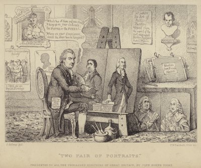 Két pár portré: Whig-ellenes rajzfilm, amely John Henry Tooke-ot ábrázolja Charles James Fox portréjával, aki a bűnt megtestesíti, és William Pitt, az ifjabb az erényt. alkotó: James (after) Gillray