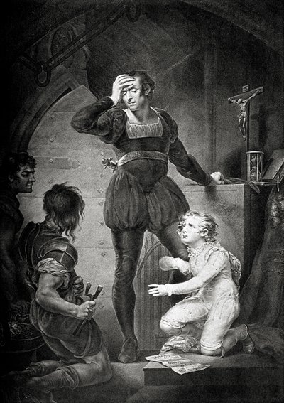 János király. IV. felvonás, I. jelenet: Hubertus Artúrral a börtönben. alkotó: James (after) Northcote