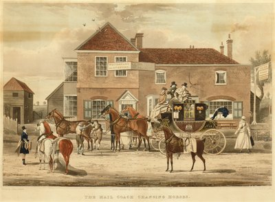 The Mail Coach Changing Horses, 1825 körül (metszet) alkotó: James (after) Pollard