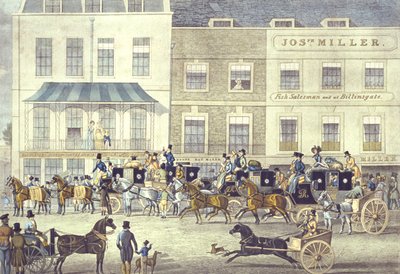 West Country Mail a Gloucester Coffee House-ban, Piccadilly, C. Rosenberg metszete (színes litó) alkotó: James (after) Pollard