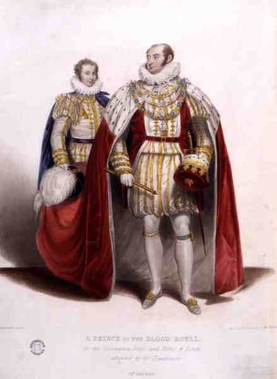 A Vér Királyi hercege koronázási ruhában és birtokruhában, a vonathordozója kíséretében alkotó: James (after) Stephanoff
