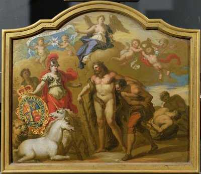 Nagy-Britannia hatalmának allegóriája a szárazföldön, dísztábla tervezése I. György ünnepi edzője számára, 1718 körül (olaj, tábla) alkotó: James (attr. to) Thornhill