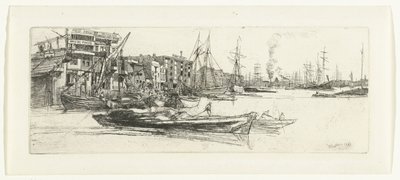 Pakhuizen aan de Theems Temze raktárai Tizenhat rézkarc a Temzéről és más témákról szóló jelenetekből (sorozat címe) alkotó: James Abbott McNeill Whistler