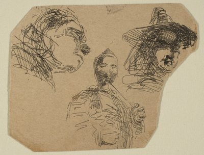 Két női fej és álló alak vázlatokból a partfelmérő táblán, 1854-55. alkotó: James Abbott McNeill Whistler