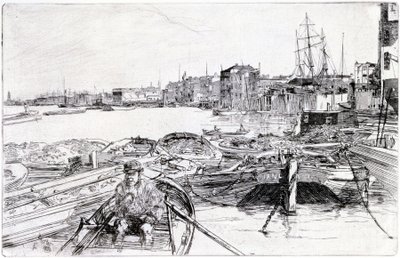 A Temze látképe a London-medence felett (Anglia), 1859-ben, a Temzéről készült metszetsorozat része, amely az angol fővárosban dolgozó tengerészeti munkások közösségét mutatja be. alkotó: James Abbott McNeill Whistler