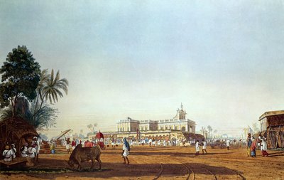 Lall Bazár és a portugál kápolna, Calcutta, metszett Robert Havell, kocsma. 1824 alkotó: James Baillie Fraser