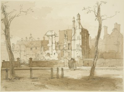 A Queen Square nyugati oldala, a zavargások után (ceruza és akvarell papíron) alkotó: James Baker Pyne