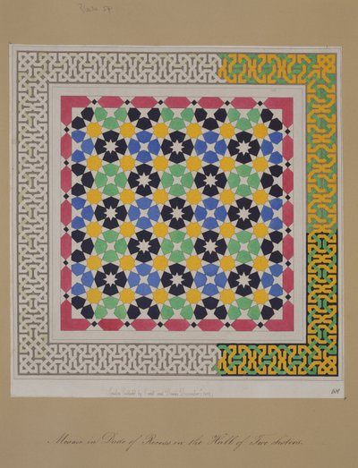 Mosaic in dado of recess in the Hall of Two Sisters, Alhambra, „The Arabian Antiquities of Spain” 1812-ben megjelent alkotó: James Cavanagh Murphy