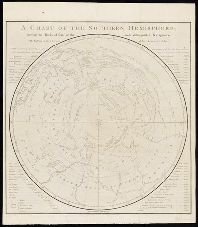 A déli félteke térképe; a legkiválóbb navigátorok némelyikének nyomvonalát bemutatva, James Cook kapitány, Őfelsége haditengerészetének tagja által. alkotó: James Cook