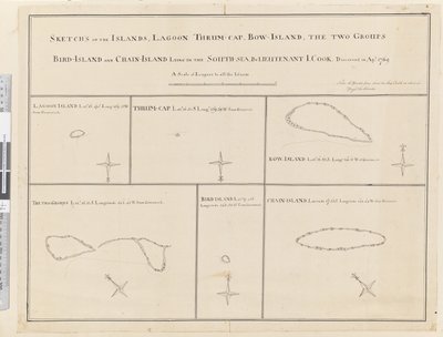 iii. Vázlatok a délen fekvő lagúna, Thrum-Cap, Bow-Island, a két csoport, a Madársziget és a Láncsziget szigeteiről, a tengerről... fedezték fel 1769 áprilisában alkotó: James Cook