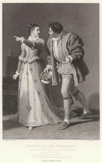 Benedick és Beatrice, Sok hűhó semmiért, IV. felvonás, I. jelenet alkotó: James Dawson Watson